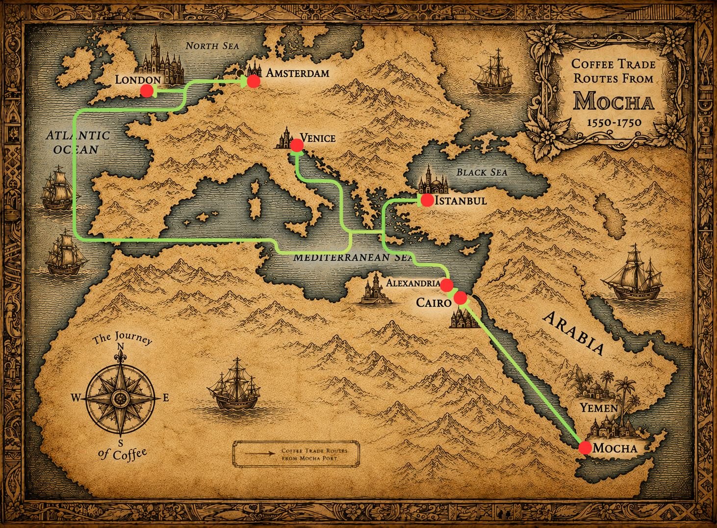 Map of coffee trade routes from Mocha to Cairo, Alexandria, Istanbul, Venice, Amsterdam and London, 1550–1750